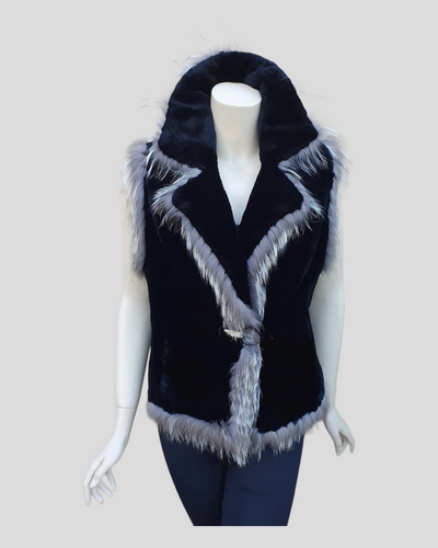 Black Sheared Beaver Fur Vest w/ Fox Fur Trim -M/S