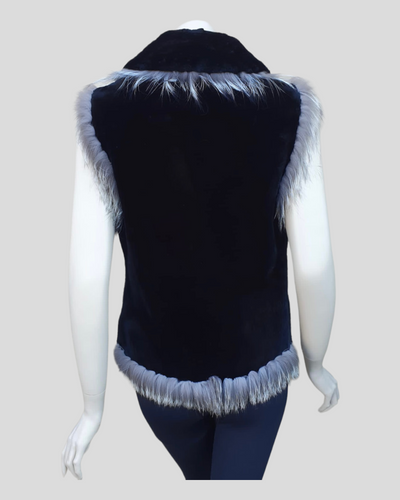 Black Sheared Beaver Fur Vest w/ Fox Fur Trim -M/S