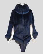 Black Sheared Mink Fur Cape w/ Raccoon Fur Trim & Leather Tassles