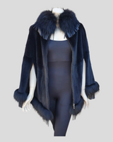 Black Sheared Mink Fur Cape w/ Raccoon Fur Trim & Leather Tassles - open