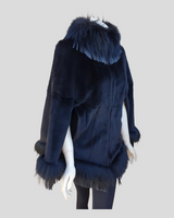 Black Sheared Mink Fur Cape w/ Raccoon Fur Trim & Leather Tassles - side view