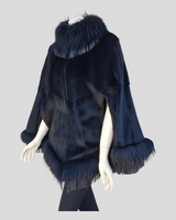 Black Sheared Mink Fur Cape w/ Raccoon Fur Trim & Leather Tassles - side view