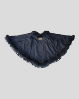 Black Sheared Mink Fur Cape w/ Raccoon Fur Trim & Leather Tassles - lining