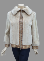 Sepia-Dyed Sheared Beaver Fur Jacket w/ Snake-Skin Embossed Leather Trim -S