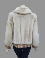 Sepia-Dyed Sheared Beaver Fur Jacket w/ Snake-Skin Embossed Leather Trim -S