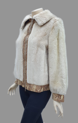 Sepia-Dyed Sheared Beaver Fur Jacket w/ Snake-Skin Embossed Leather Trim -S