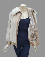 Sepia-Dyed Sheared Beaver Fur Jacket w/ Snake-Skin Embossed Leather Trim -S