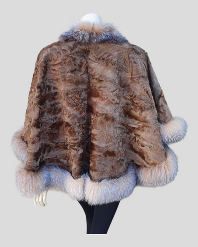 Camel Broadtail Paw Cape/Poncho w/ Crystal Fox Fur Trim