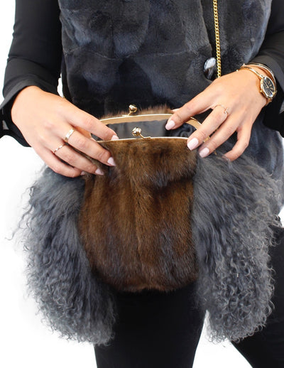 GRAY MONGOLIAN LAMB & MAHOGANY MINK FUR MUFF PURSE, BAG - from THE REAL FUR DEAL & DAVID APPEL FURS new and pre-owned online fur store!