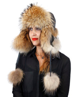 NATURAL FINNISH RACCOON FUR & BROWN LEATHER AVIATOR/TROOPER HAT W/ POM-POMS - from THE REAL FUR DEAL & DAVID APPEL FURS new and pre-owned online fur store!