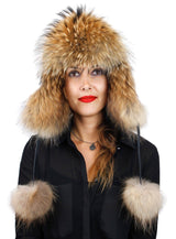 NATURAL FINNISH RACCOON FUR & BROWN LEATHER AVIATOR/TROOPER HAT W/ POM-POMS - from THE REAL FUR DEAL & DAVID APPEL FURS new and pre-owned online fur store!