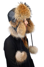 NATURAL FINNISH RACCOON FUR & BROWN LEATHER AVIATOR/TROOPER HAT W/ POM-POMS - from THE REAL FUR DEAL & DAVID APPEL FURS new and pre-owned online fur store!