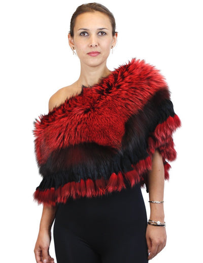 RED DYED SILVER FOX FUR COLLAR/SHAWL/WRAP WITH MATCHING FUR FRINGE - from THE REAL FUR DEAL & DAVID APPEL FURS new and pre-owned online fur store!