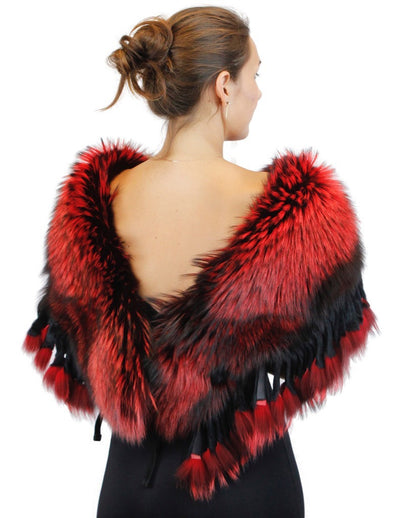 RED DYED SILVER FOX FUR COLLAR/SHAWL/WRAP WITH MATCHING FUR FRINGE - from THE REAL FUR DEAL & DAVID APPEL FURS new and pre-owned online fur store!