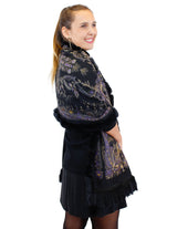 100% Cashmere w/ Black Rex Rabbit Fur Wrap/Shawl/Stole