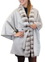 GRAY CASHMERE CAPE/PONCHO WITH BEIGE CHINCHILLA FUR TRIM - from THE REAL FUR DEAL & DAVID APPEL FURS new and pre-owned online fur store!