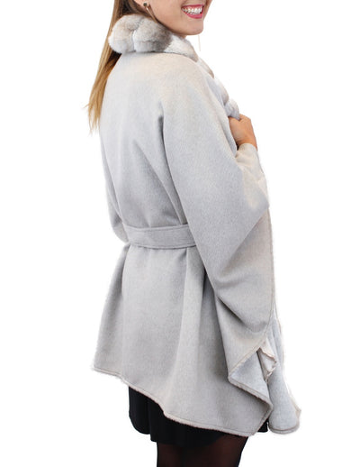 GRAY CASHMERE CAPE/PONCHO WITH BEIGE CHINCHILLA FUR TRIM - from THE REAL FUR DEAL & DAVID APPEL FURS new and pre-owned online fur store!