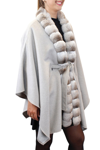 GRAY CASHMERE CAPE/PONCHO WITH BEIGE CHINCHILLA FUR TRIM - from THE REAL FUR DEAL & DAVID APPEL FURS new and pre-owned online fur store!