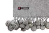 Gray 100% Pure Cashmere Soft Mink fur pom-pom fringe Scarf/Wrap by Belle Fare. 76" long x 26" wide Large and versatile size.