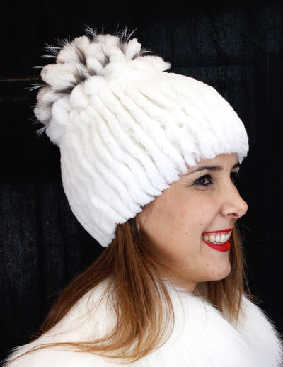 KNITTED REX RABBIT FUR & FOX FUR BEANIE, HAT - from THE REAL FUR DEAL & DAVID APPEL FURS new and pre-owned online fur store!