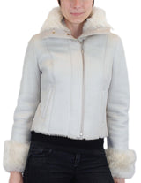 SMALL/MEDIUM LIGHT GRAY OFF WHITE SHEARLING FUR SHEEPSKIN LEATHER MOTORCYCLE JACKET - from THE REAL FUR DEAL & DAVID APPEL FURS new and pre-owned online fur store!