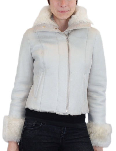 SMALL/MEDIUM LIGHT GRAY OFF WHITE SHEARLING FUR SHEEPSKIN LEATHER MOTORCYCLE JACKET - from THE REAL FUR DEAL & DAVID APPEL FURS new and pre-owned online fur store!