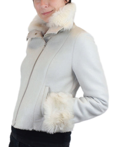 SMALL/MEDIUM LIGHT GRAY OFF WHITE SHEARLING FUR SHEEPSKIN LEATHER MOTORCYCLE JACKET - from THE REAL FUR DEAL & DAVID APPEL FURS new and pre-owned online fur store!