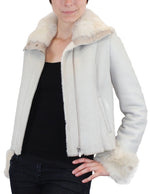 SMALL/MEDIUM LIGHT GRAY OFF WHITE SHEARLING FUR SHEEPSKIN LEATHER MOTORCYCLE JACKET - from THE REAL FUR DEAL & DAVID APPEL FURS new and pre-owned online fur store!