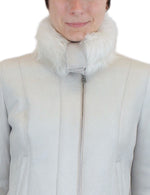 SMALL/MEDIUM LIGHT GRAY OFF WHITE SHEARLING FUR SHEEPSKIN LEATHER MOTORCYCLE JACKET - from THE REAL FUR DEAL & DAVID APPEL FURS new and pre-owned online fur store!