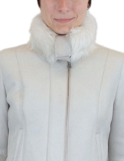 SMALL/MEDIUM LIGHT GRAY OFF WHITE SHEARLING FUR SHEEPSKIN LEATHER MOTORCYCLE JACKET - from THE REAL FUR DEAL & DAVID APPEL FURS new and pre-owned online fur store!