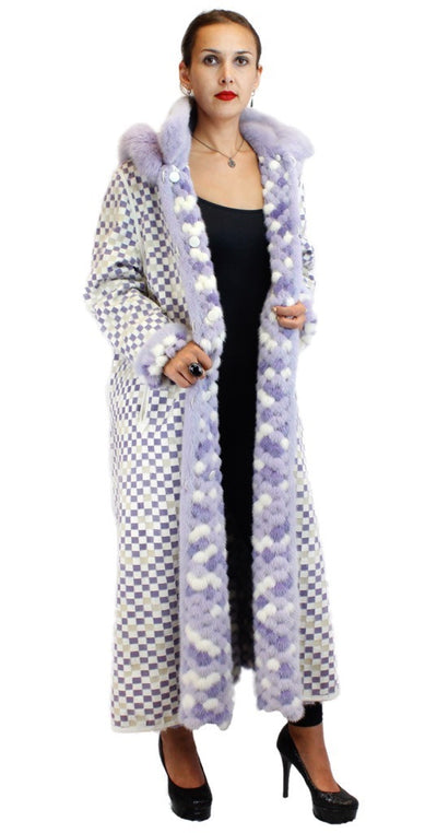 PRE-OWNED - NEVER WORN! - XL LONG PURPLE & WHITE MINK AND FOX FUR <b>REVERSIBLE</b> HOODED COAT - from THE REAL FUR DEAL & DAVID APPEL FURS new and pre-owned online fur store!