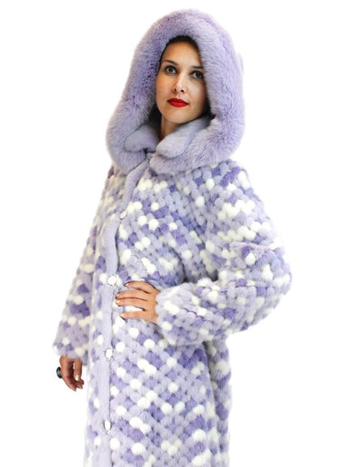 PRE-OWNED - NEVER WORN! - XL LONG PURPLE & WHITE MINK AND FOX FUR <b>REVERSIBLE</b> HOODED COAT - from THE REAL FUR DEAL & DAVID APPEL FURS new and pre-owned online fur store!