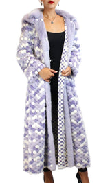 PRE-OWNED - NEVER WORN! - XL LONG PURPLE & WHITE MINK AND FOX FUR <b>REVERSIBLE</b> HOODED COAT - from THE REAL FUR DEAL & DAVID APPEL FURS new and pre-owned online fur store!