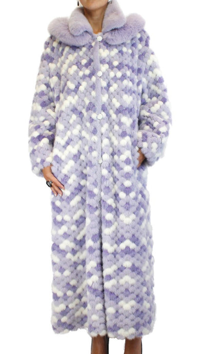 PRE-OWNED - NEVER WORN! - XL LONG PURPLE & WHITE MINK AND FOX FUR <b>REVERSIBLE</b> HOODED COAT - from THE REAL FUR DEAL & DAVID APPEL FURS new and pre-owned online fur store!