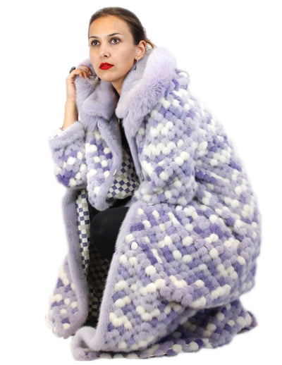 PRE-OWNED - NEVER WORN! - XL LONG PURPLE & WHITE MINK AND FOX FUR <b>REVERSIBLE</b> HOODED COAT - from THE REAL FUR DEAL & DAVID APPEL FURS new and pre-owned online fur store!