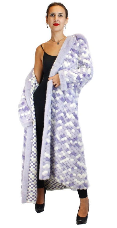 PRE-OWNED - NEVER WORN! - XL LONG PURPLE & WHITE MINK AND FOX FUR <b>REVERSIBLE</b> HOODED COAT - from THE REAL FUR DEAL & DAVID APPEL FURS new and pre-owned online fur store!