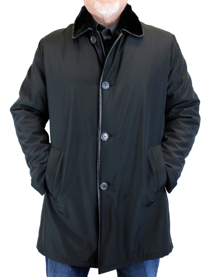 DI BELLO - MEN'S BLACK MERINO SHEARLING-LINED BUTTONED RAINCOAT The Real Fur Deal DI BELLO - MEN'S BLACK MERINO SHEARLING-LINED BUTTONED RAINCOAT The Real Fur Deal