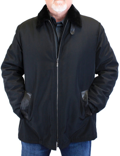 Men's Black Merino Shearling-Lined Rain Jacket/Raincoat