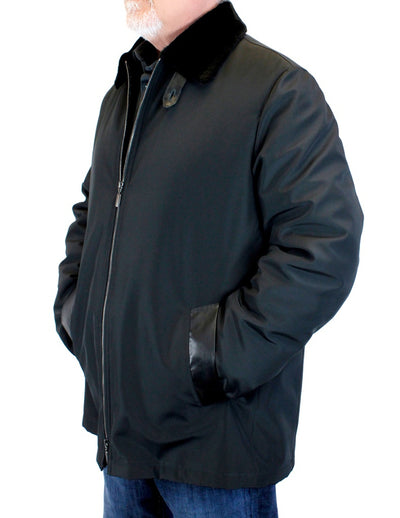 Men's Black Merino Shearling-Lined Rain Jacket/Raincoat