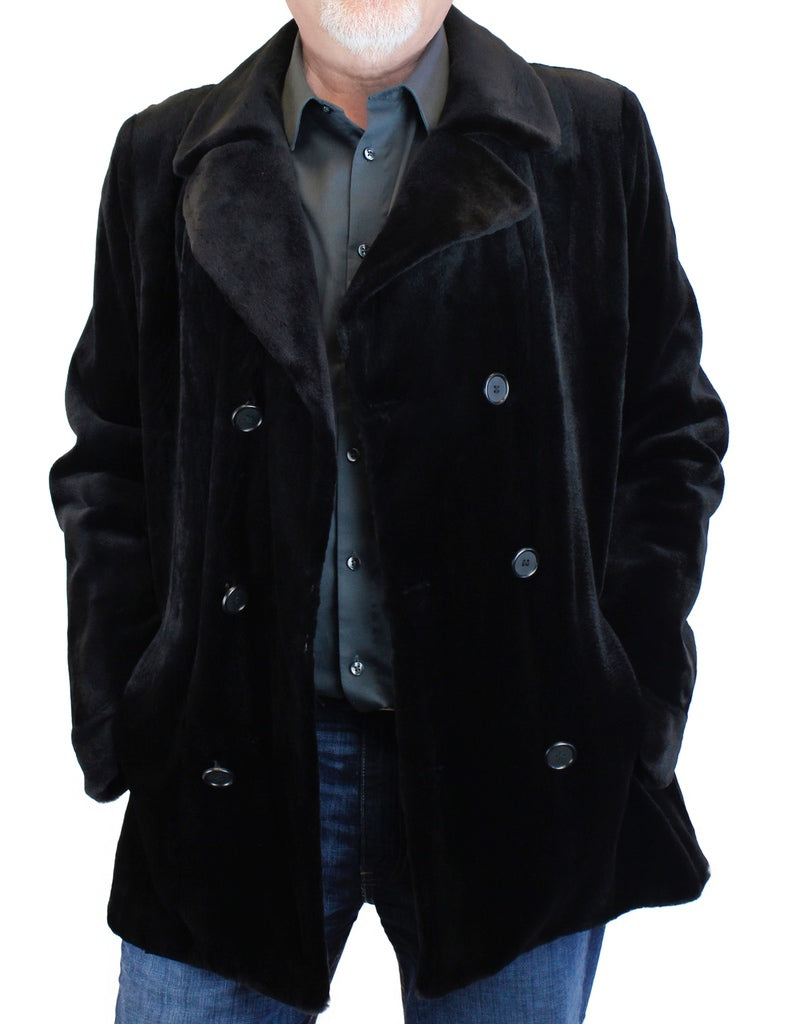 MEN'S BLACK SHEARED MINK FUR FITTED DOUBLE-BREASTED JACKET