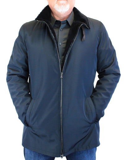 Men's Navy Blue Merino Shearling-Lined Rain Jacket/Raincoat