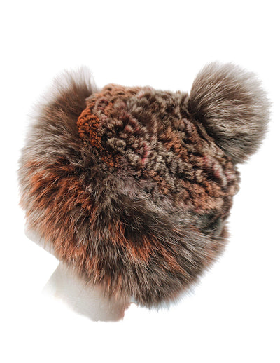 MULTICOLOR KNITTED REX RABBIT FUR & FOX FUR POM-POM BEANIE, HAT - from THE REAL FUR DEAL & DAVID APPEL FURS new and pre-owned online fur store!