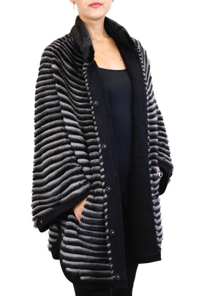 GRAY & BLACK HORIZONTAL STRIPED MINK FUR & WOOL PONCHO SWEATER - from THE REAL FUR DEAL & DAVID APPEL FURS new and pre-owned online fur store!