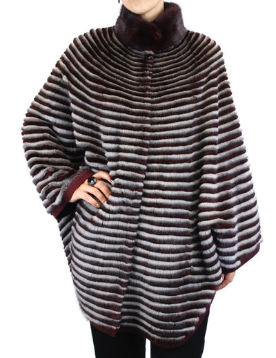 WINE RED & GRAY HORIZONTAL STRIPED MINK FUR & WOOL PONCHO SWEATER - from THE REAL FUR DEAL & DAVID APPEL FURS new and pre-owned online fur store!