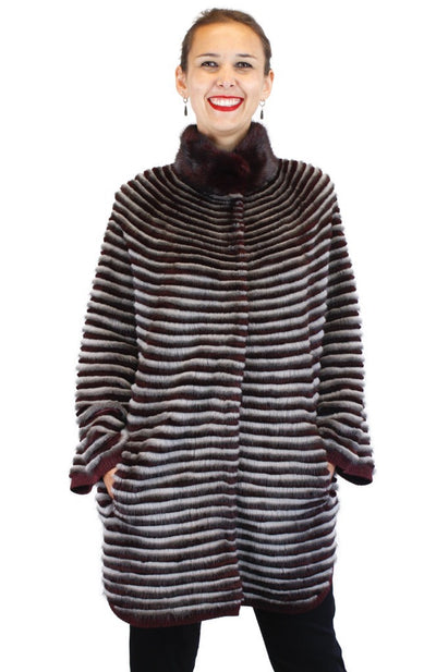 WINE RED & GRAY HORIZONTAL STRIPED MINK FUR & WOOL PONCHO SWEATER - from THE REAL FUR DEAL & DAVID APPEL FURS new and pre-owned online fur store!