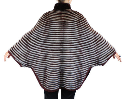 WINE RED & GRAY HORIZONTAL STRIPED MINK FUR & WOOL PONCHO SWEATER - from THE REAL FUR DEAL & DAVID APPEL FURS new and pre-owned online fur store!