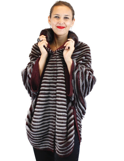 WINE RED & GRAY HORIZONTAL STRIPED MINK FUR & WOOL PONCHO SWEATER - from THE REAL FUR DEAL & DAVID APPEL FURS new and pre-owned online fur store!