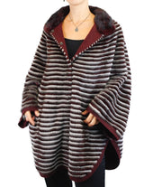WINE RED & GRAY HORIZONTAL STRIPED MINK FUR & WOOL PONCHO SWEATER - from THE REAL FUR DEAL & DAVID APPEL FURS new and pre-owned online fur store!