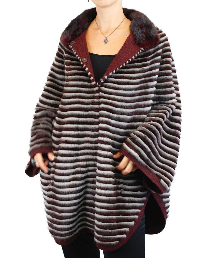 Wine Red & Gray Horizontal Striped Mink Fur & Wool Poncho Sweater – The Real  Fur Deal