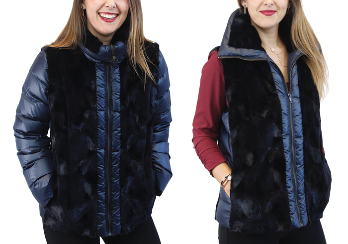 NAVY BLUE SHEARED MINK FUR PUFF JACKET/VEST - REMOVABLE SLEEVES! - from THE REAL FUR DEAL & DAVID APPEL FURS new and pre-owned online fur store!